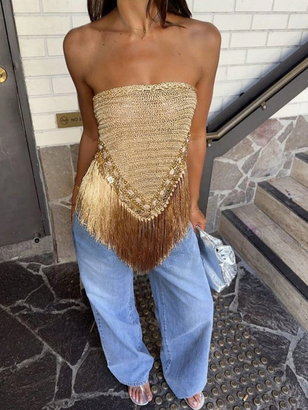 Gold Boho Sequin Fringe Knitted Women's Tube Top - Picture 6 of 6